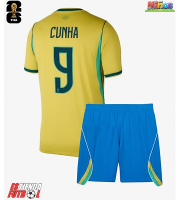 Brasil Matheus Cunha #9 Primera Equipación Niños Mundial 2026 Manga Corta (+ Pantalones cortos)